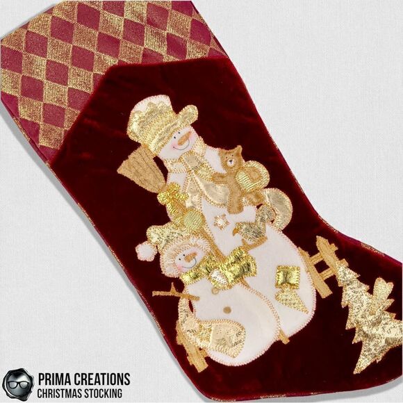 VINTAGE CHRISTMAS STOCKING SNOWMAN PARENT & CHILD IN RED VELVET & GOLD APPLIQUÉ - Picture 5 of 15